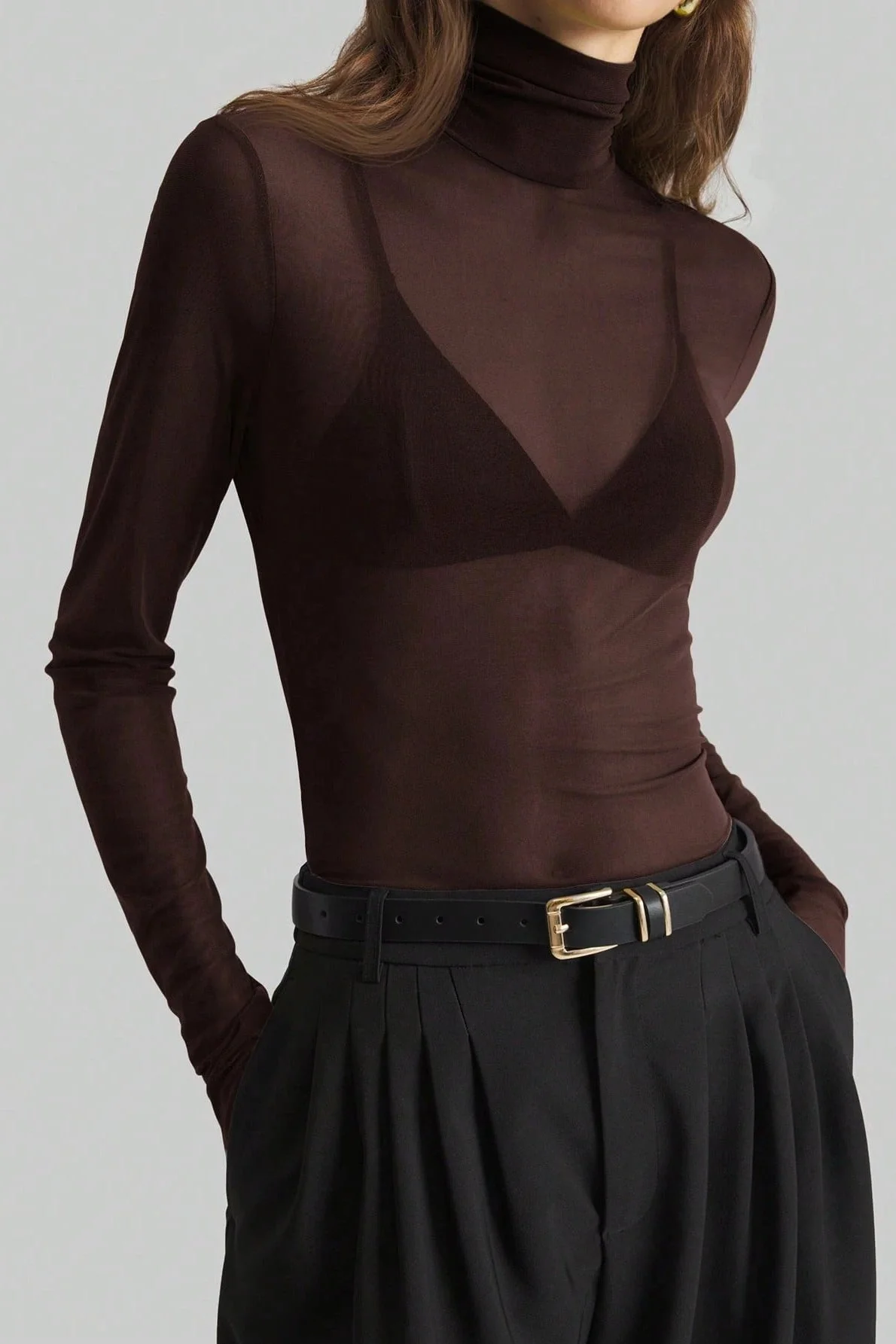 Stand Collar Solid Mesh Slim Fit Long Sleeve Tee - Image 8
