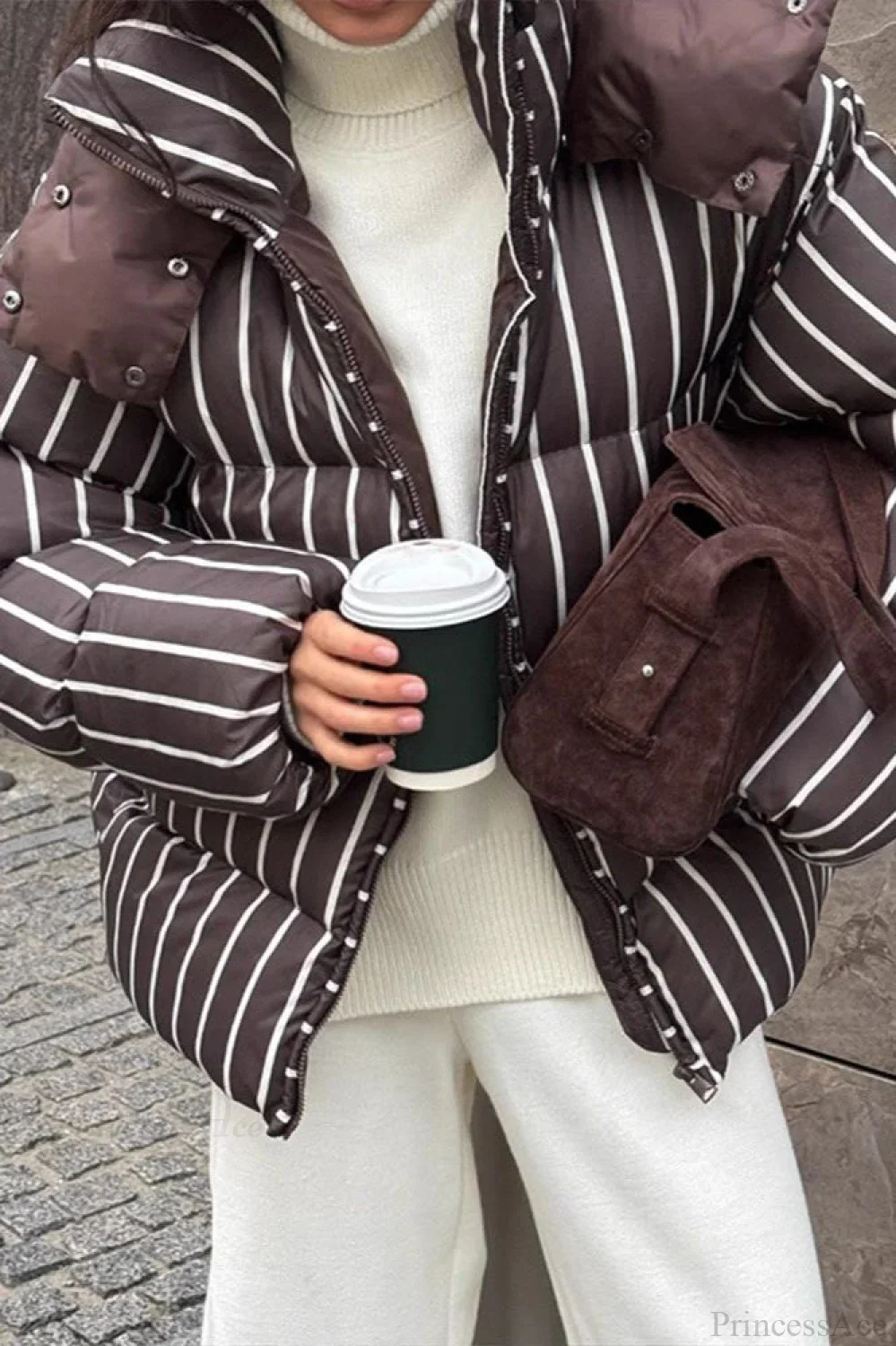 Stand Collar Striped Hooded Warm Quilted Coat - Image 2