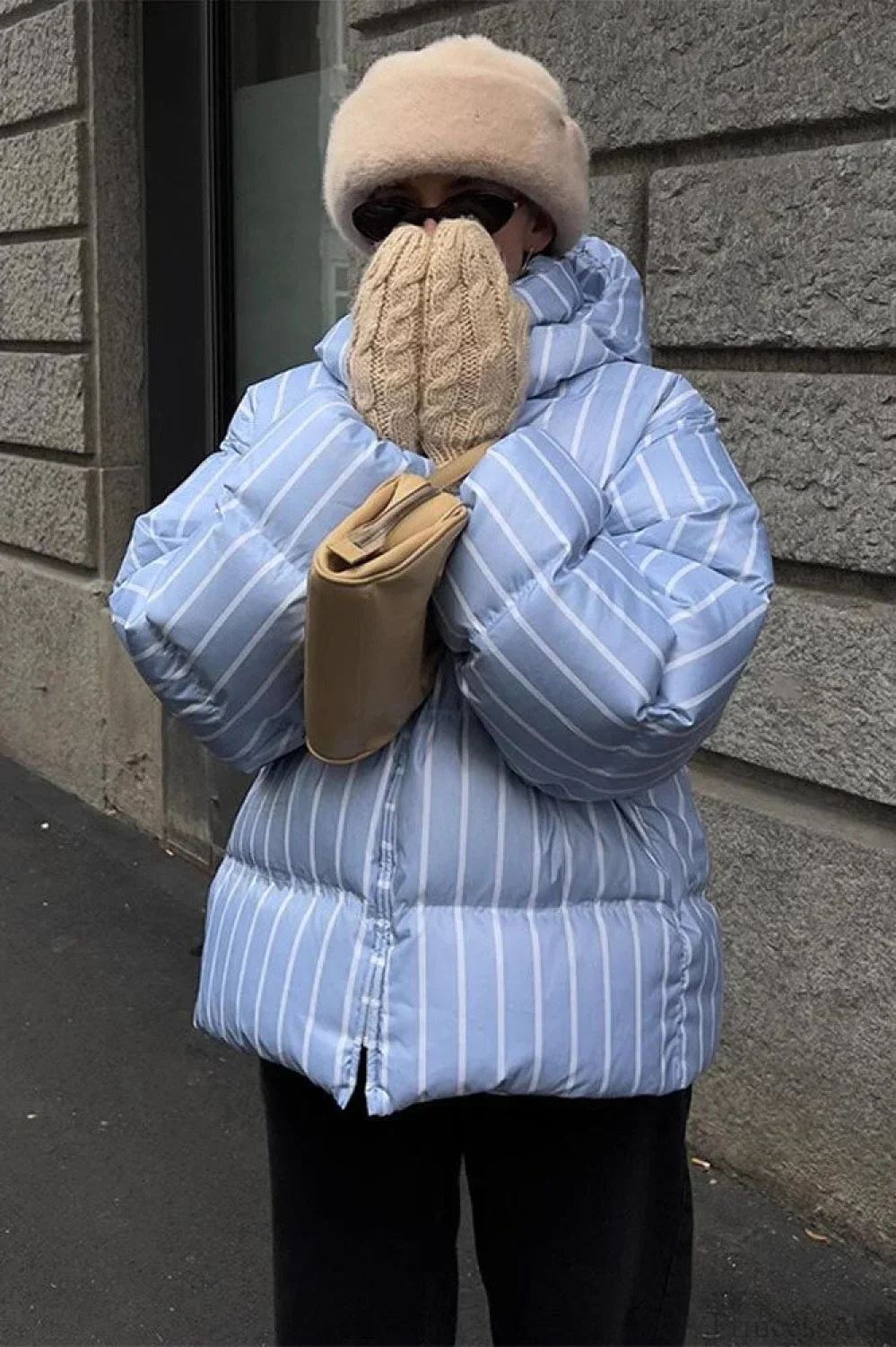 Stand Collar Striped Hooded Warm Quilted Coat - Image 3