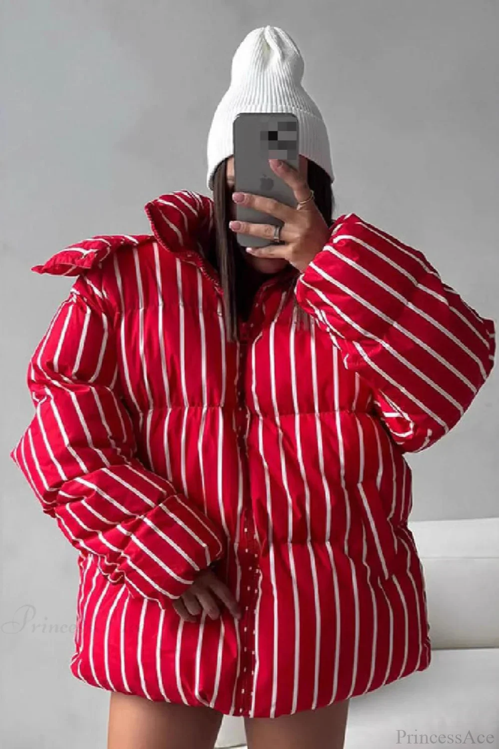 Stand Collar Striped Hooded Warm Quilted Coat - Image 4