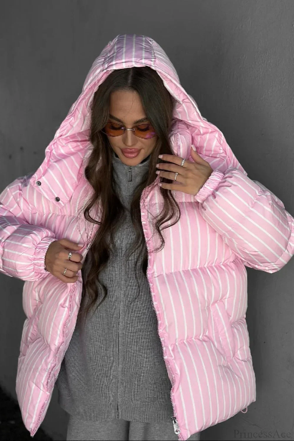 Stand Collar Striped Hooded Warm Quilted Coat - Image 5