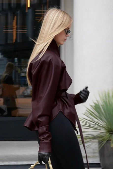 Stand Collar Trench Leather Jacket - Image 10