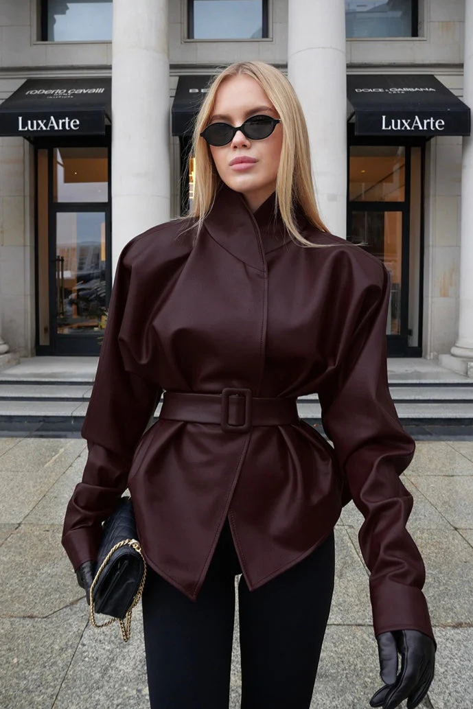 Stand Collar Trench Leather Jacket - Image 11