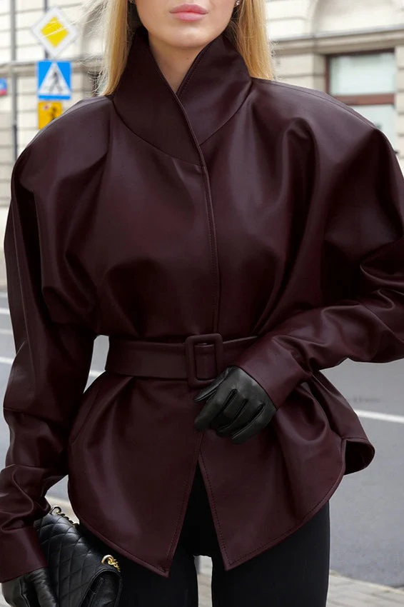 Stand Collar Trench Leather Jacket - Image 12