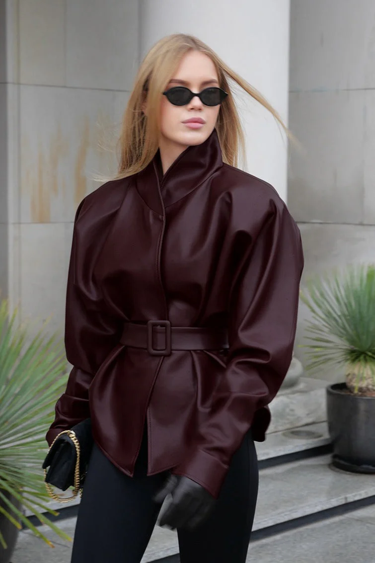 Stand Collar Trench Leather Jacket - Image 3