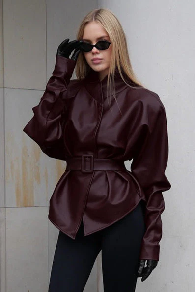 Stand Collar Trench Leather Jacket - Image 9