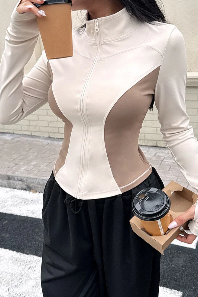 Stand Collar Zip Cardigan Slim Color Block Pilates Running Jacket - Image 3