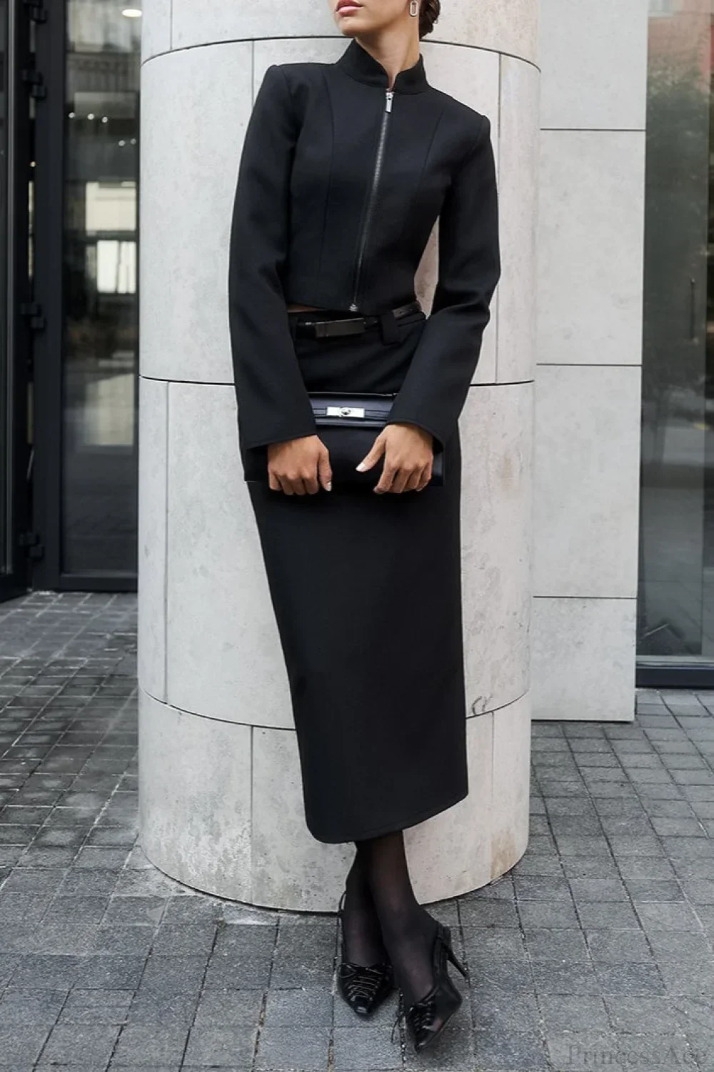 Stand Collar Zipper Slim Fit Long Sleeve Split Two Piece Set - Image 3