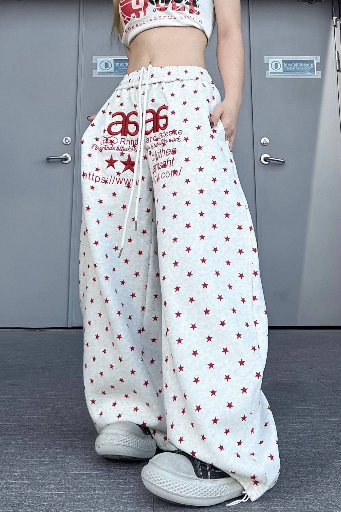 Star Letter Embroidered Cotton Baggy Sweat Pants - Image 2