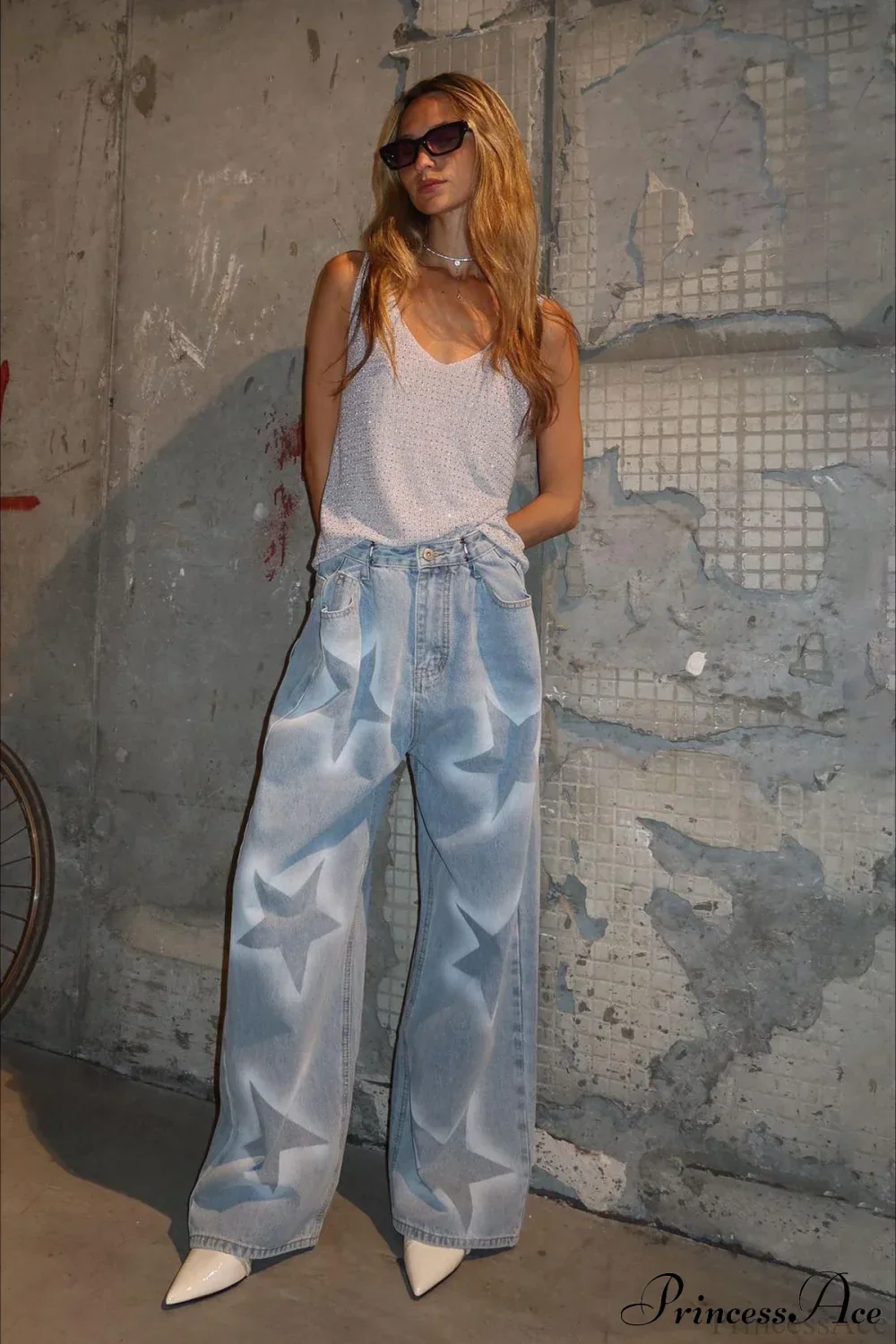 Star Print Loose Straight Waist Adjuster Jeans - Image 2