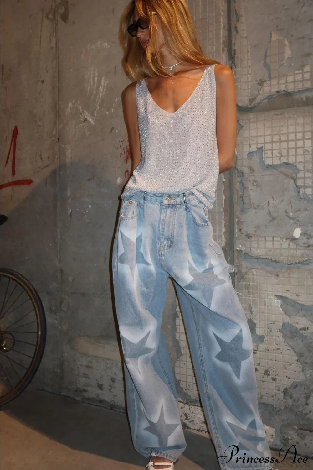 Star Print Loose Straight Waist Adjuster Jeans - Image 3