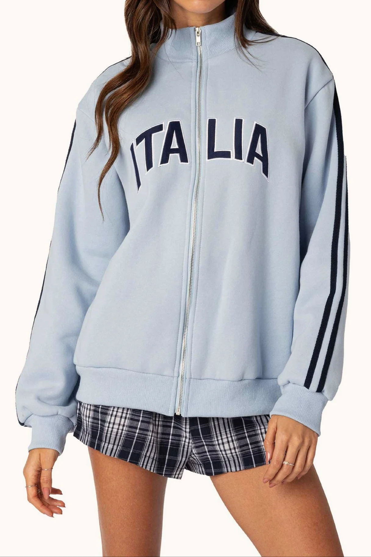 Stitched Letter Loose Mock Neck Zip Sweatshirt - Image 2