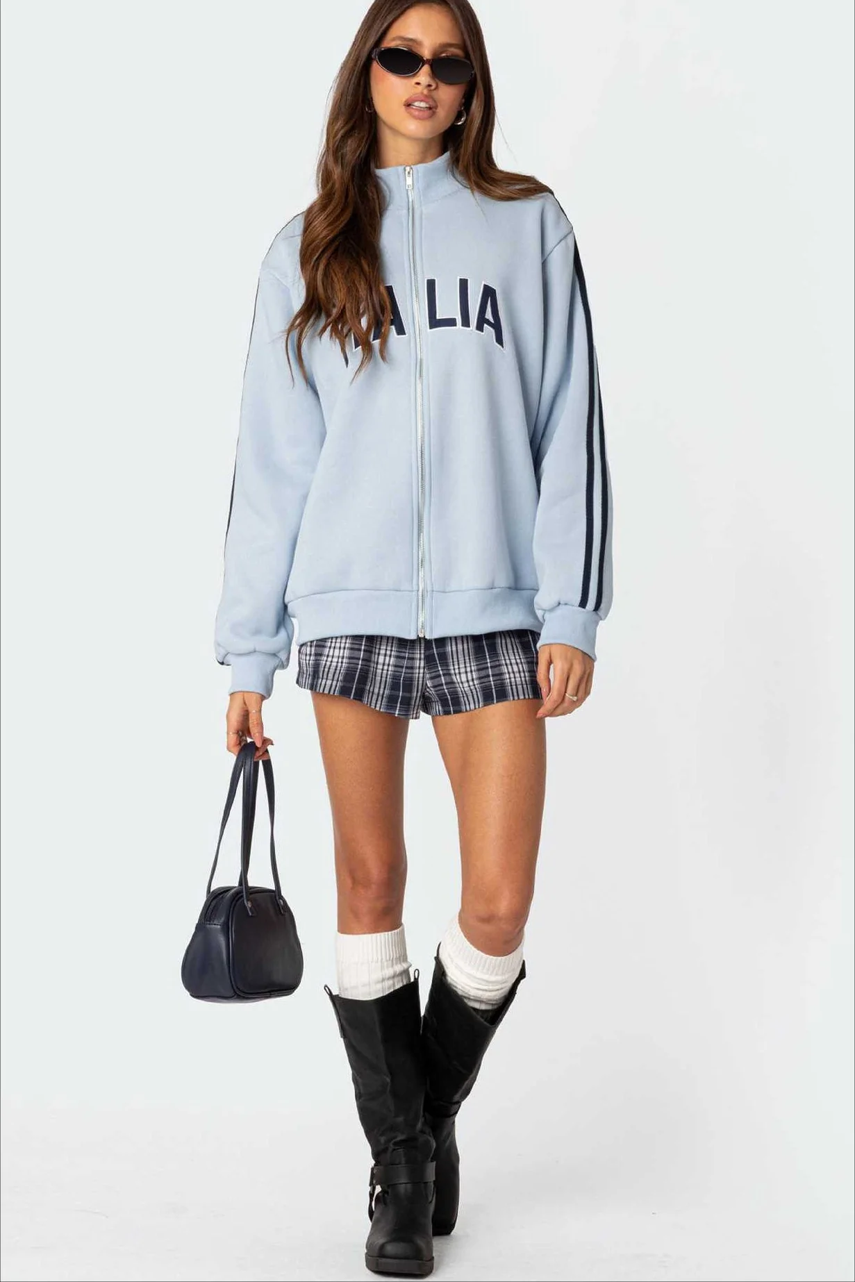 Stitched Letter Loose Mock Neck Zip Sweatshirt - Image 4