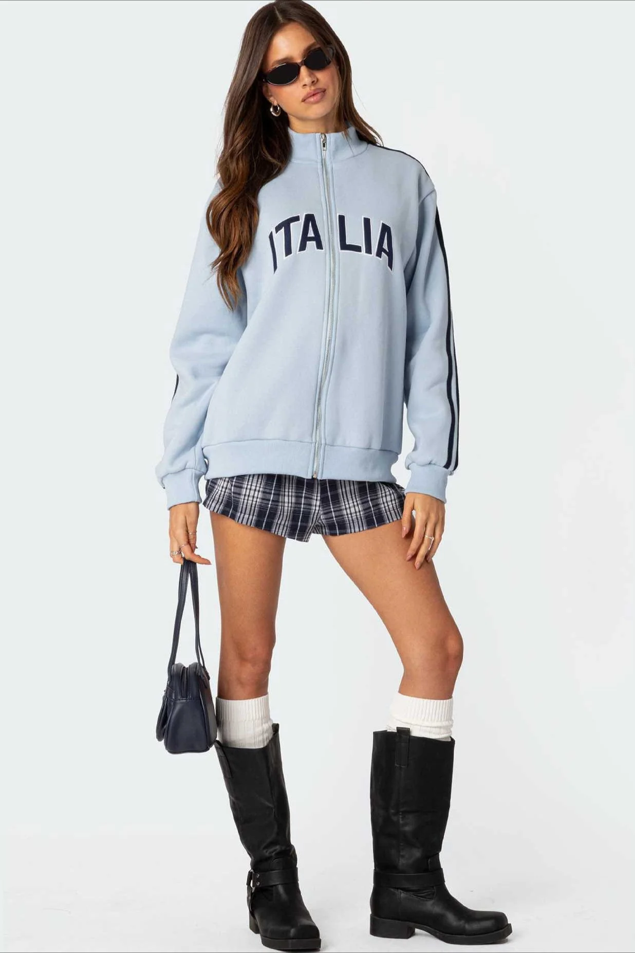 Stitched Letter Loose Mock Neck Zip Sweatshirt - Image 5