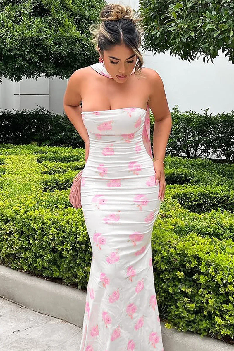 Strapless Backless Slim Printed Floral Dress - Image 4