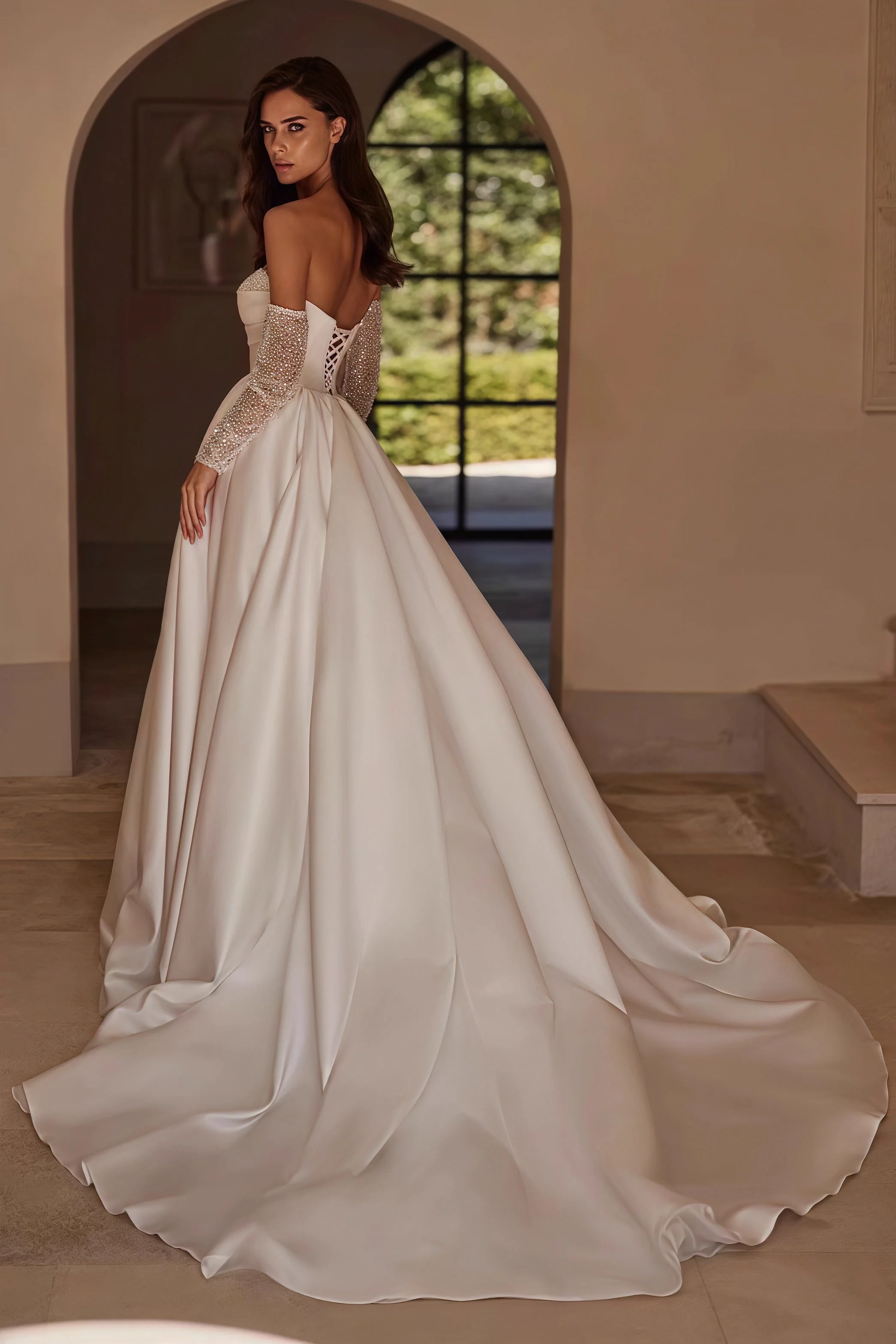 Strapless Beaded High Slit Satin Train Wedding Dress - Image 2