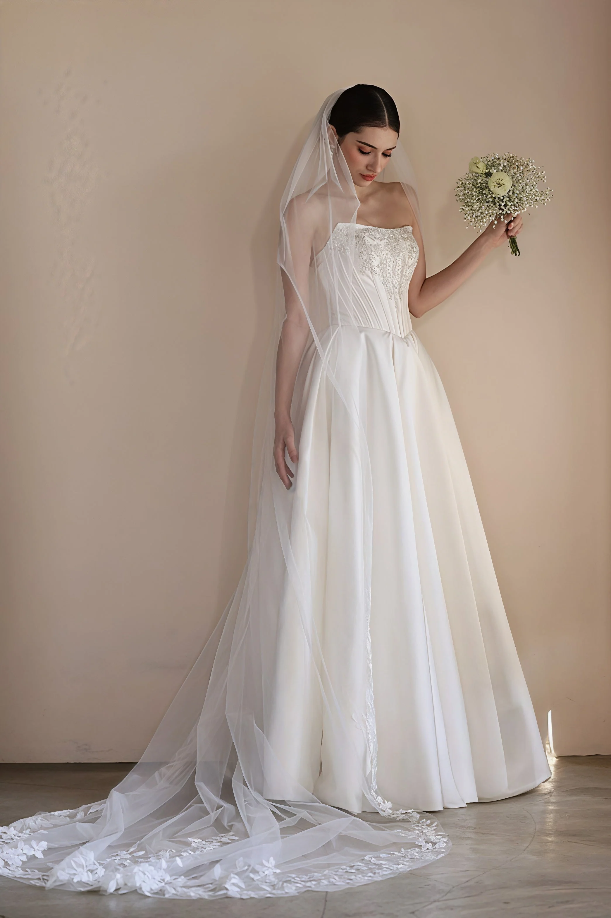 Strapless Boning Rhinestone Satin Wedding Dress - Image 2