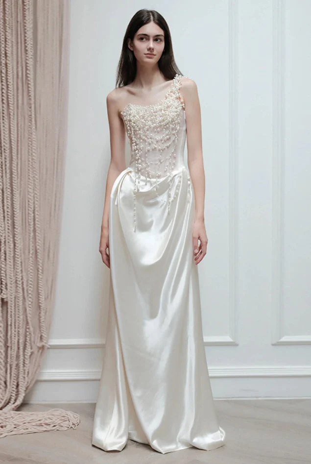 Strapless Satin Heavy Pearl Prom Dress - Image 2