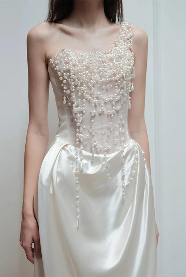 Strapless Satin Heavy Pearl Prom Dress - Image 3