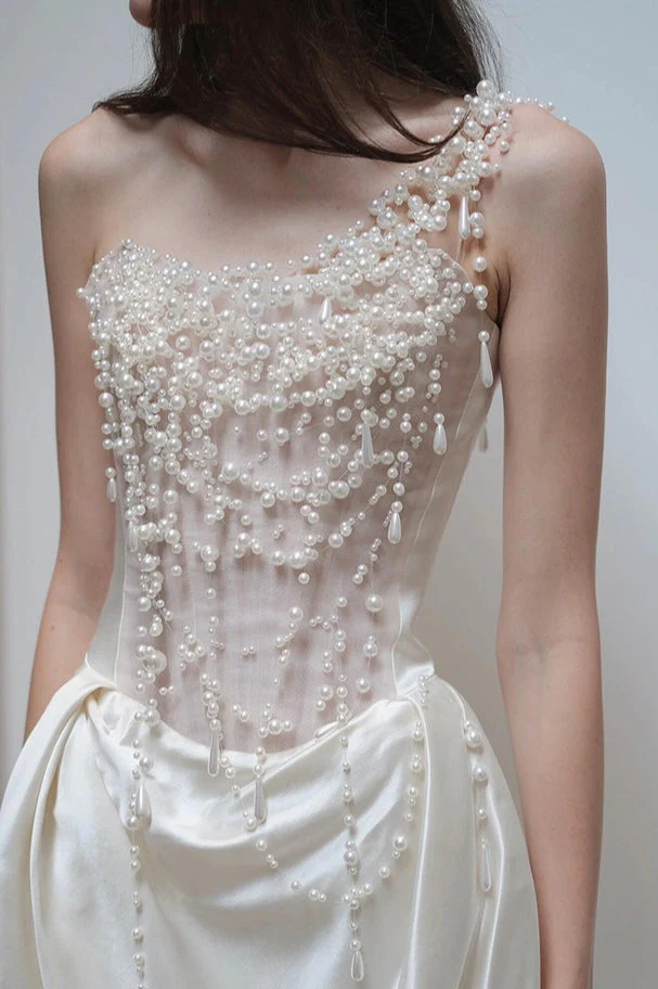 Strapless Satin Heavy Pearl Prom Dress - Image 4