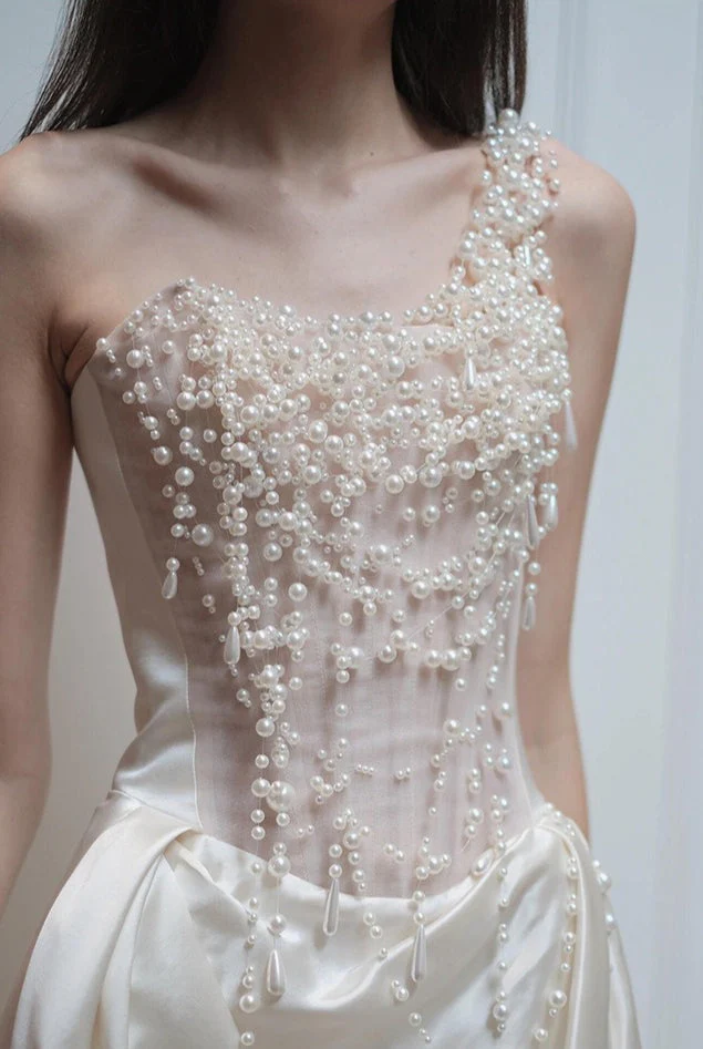 Strapless Satin Heavy Pearl Prom Dress - Image 5