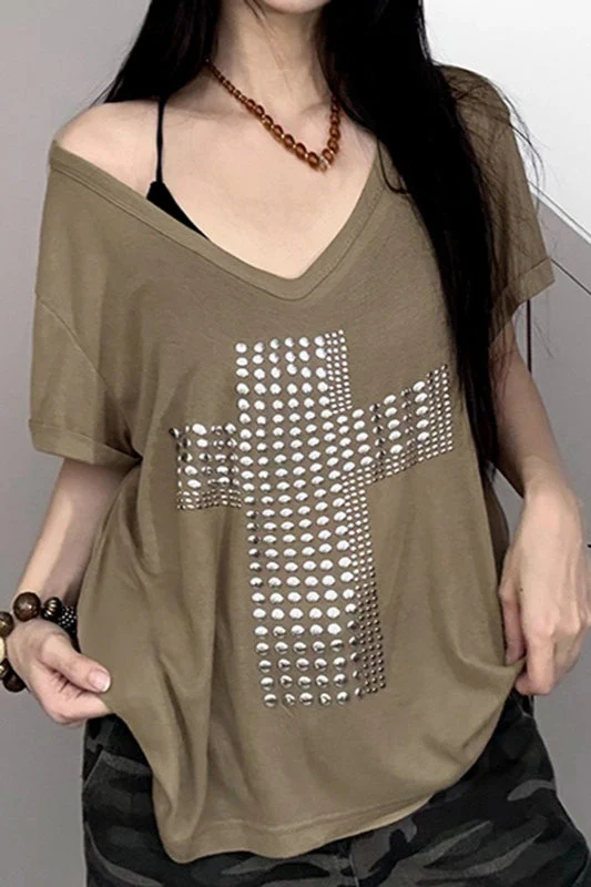 Street Cross Metallic Print Loose Casual T-shirt - Image 3