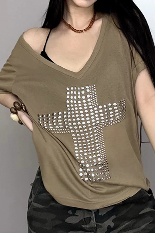Street Cross Metallic Print Loose Casual T-shirt - Image 4