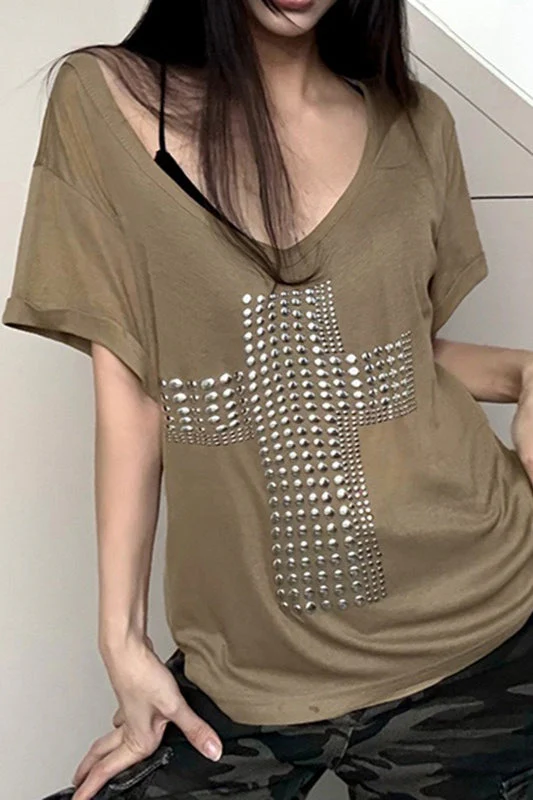 Street Cross Metallic Print Loose Casual T-shirt - Image 5