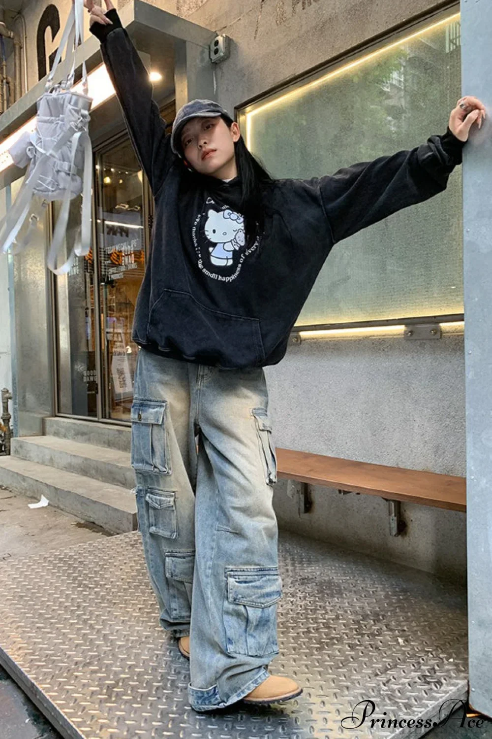 Street Denim Patchwork Pocket Cargo Pants - Image 2