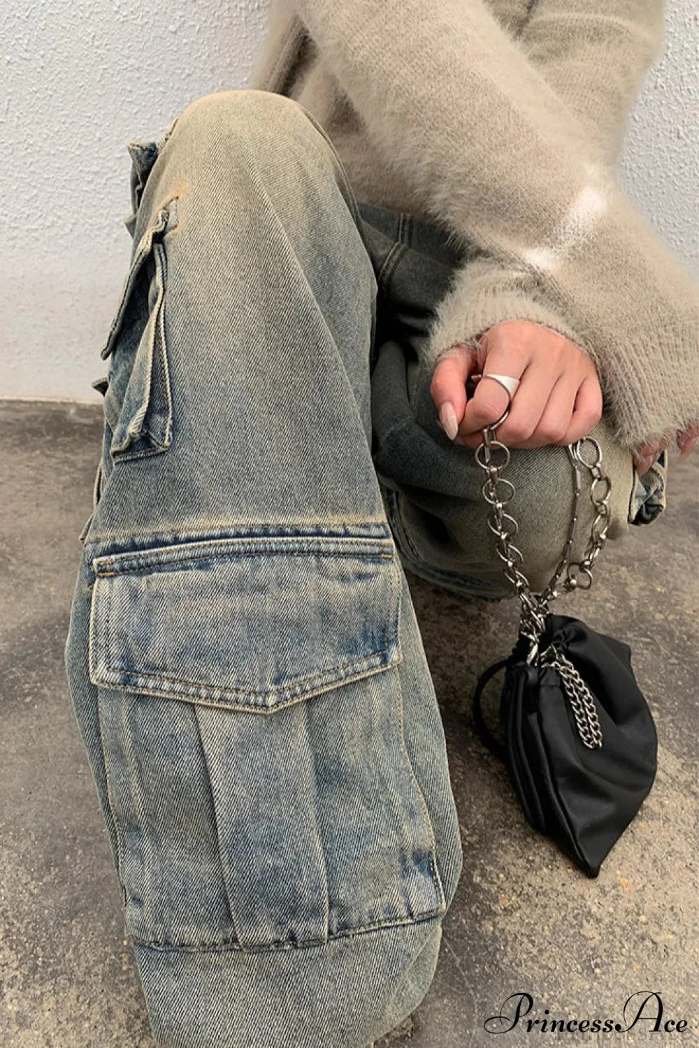 Street Denim Patchwork Pocket Cargo Pants - Image 3