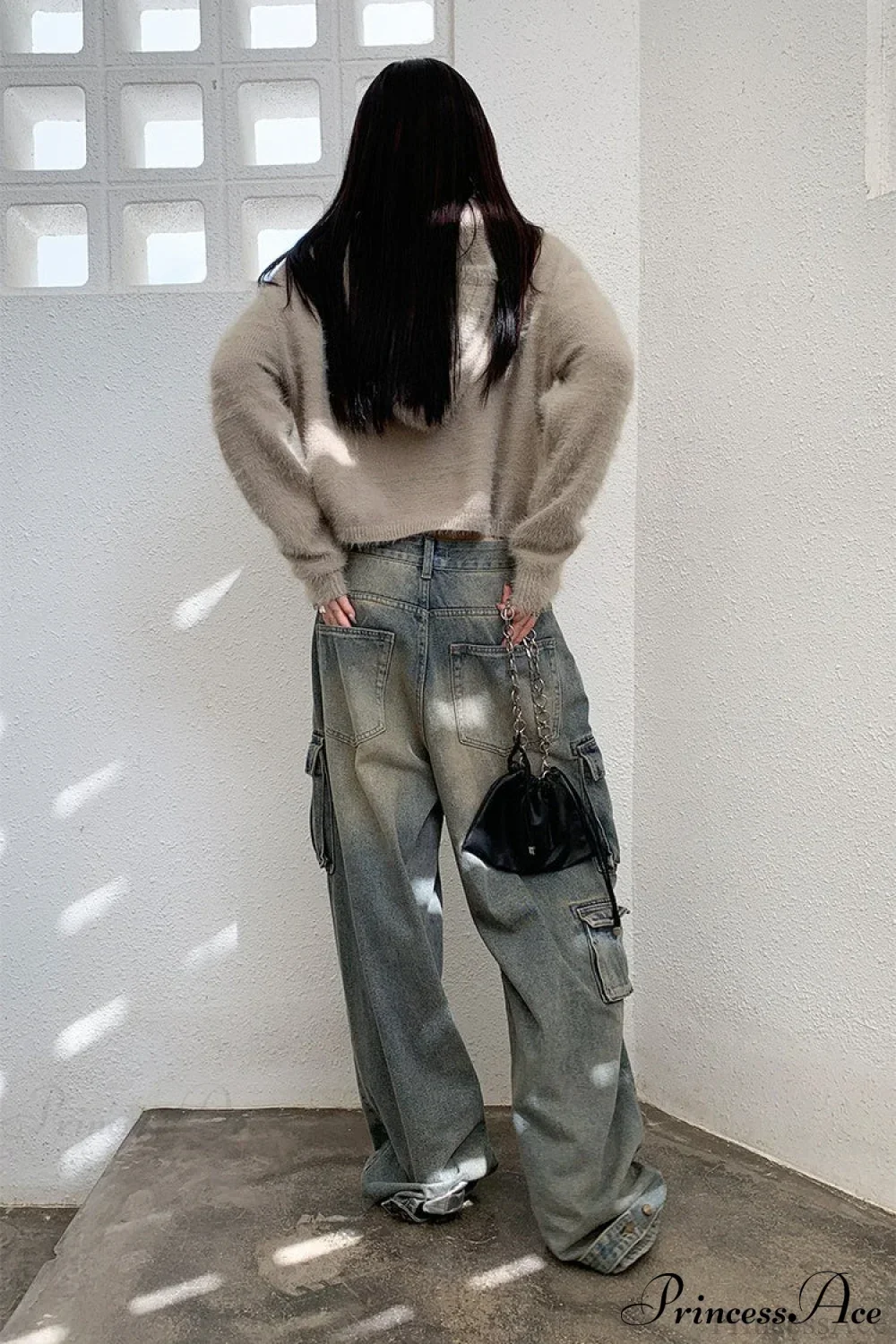 Street Denim Patchwork Pocket Cargo Pants - Image 4