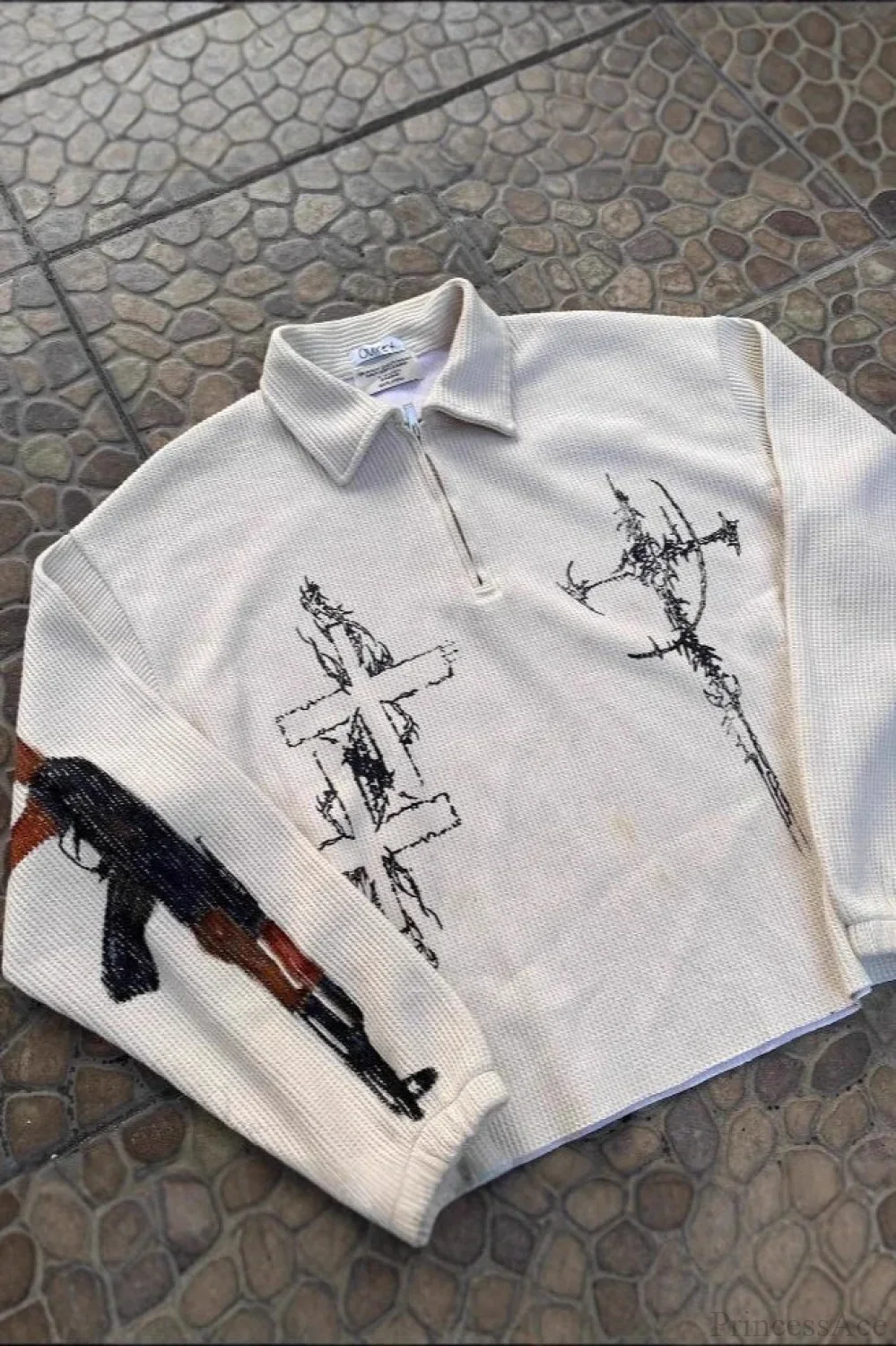 Street-Inspired Oversized Gun Graphic Letter Sweatshirt - Image 2