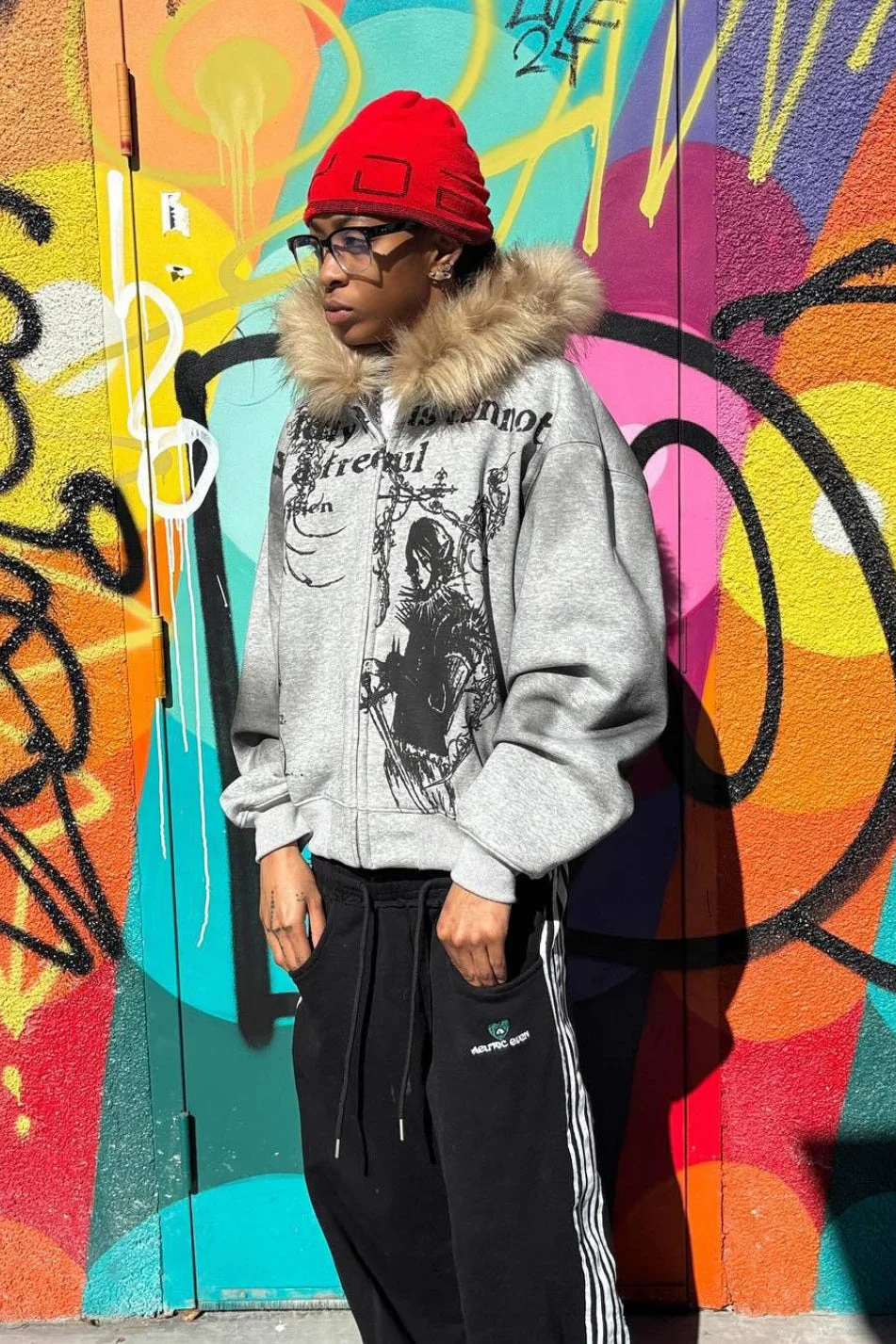 Street Print Fur Trimmed Relaxed Hoodie - Image 3