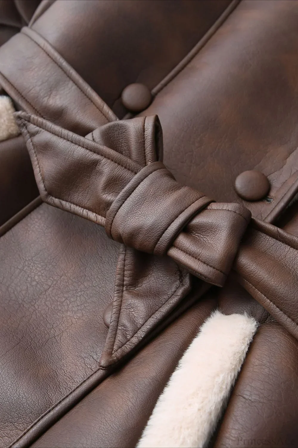 Street Style Color Block Tie Waist Faux Leather Coat - Image 4