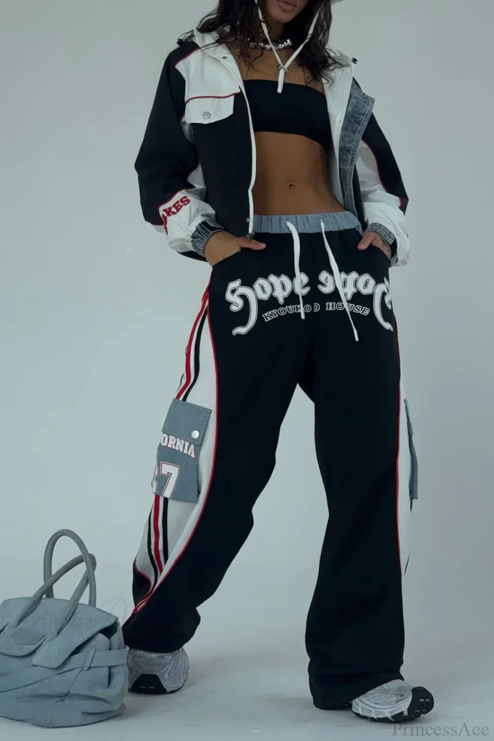 Street Style Denim Paneled Slim Fit Jacket Pants Two Piece Set - Image 2