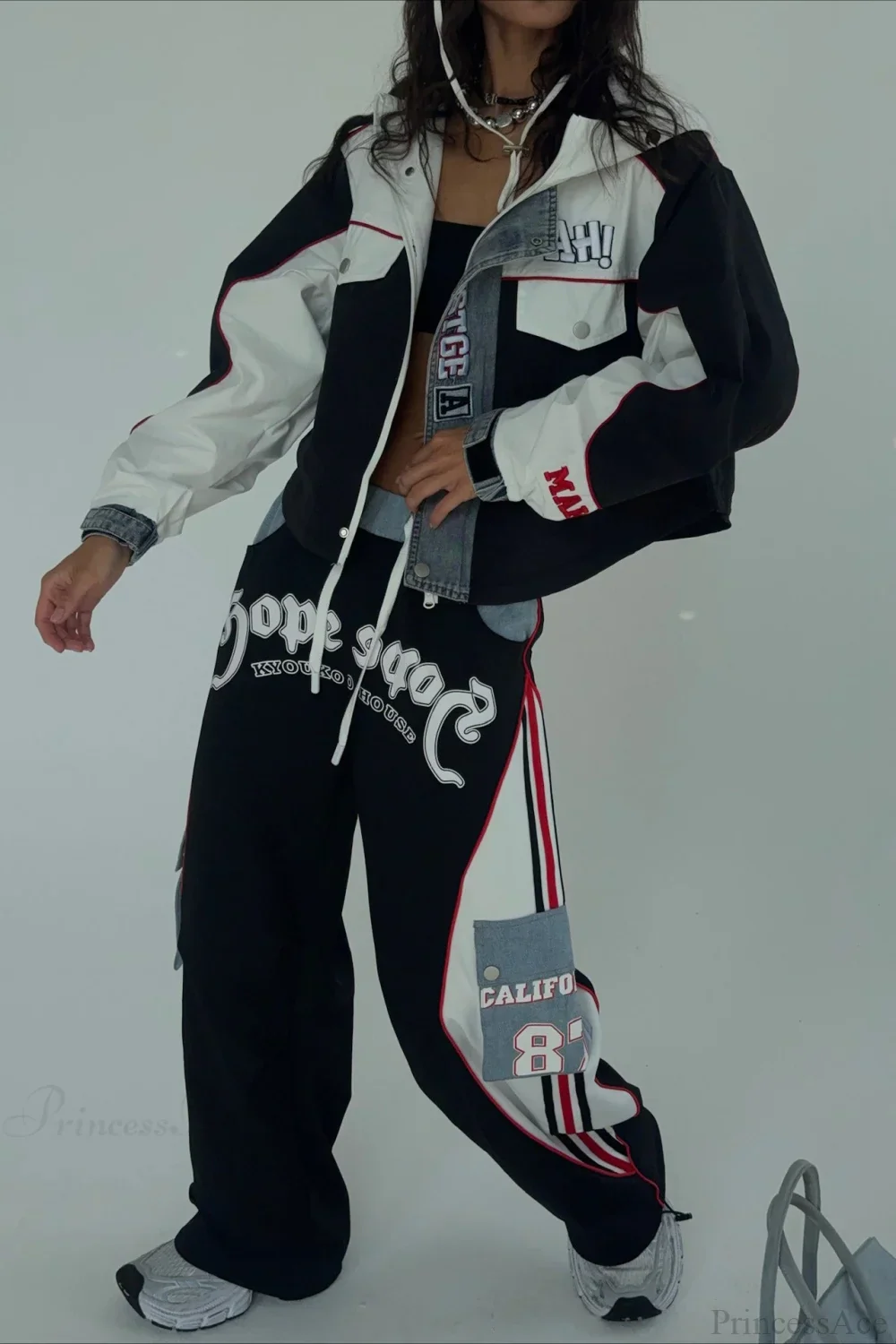 Street Style Denim Paneled Slim Fit Jacket Pants Two Piece Set - Image 3