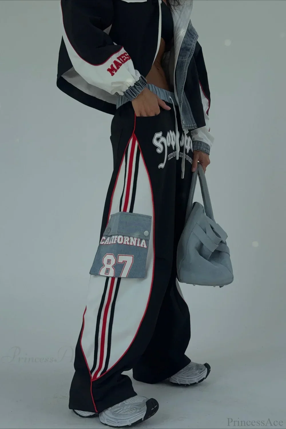 Street Style Denim Paneled Slim Fit Jacket Pants Two Piece Set - Image 4