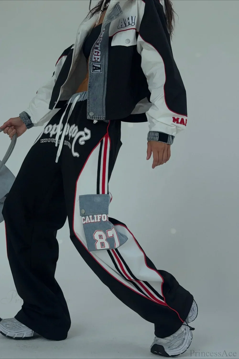 Street Style Denim Paneled Slim Fit Jacket Pants Two Piece Set - Image 5