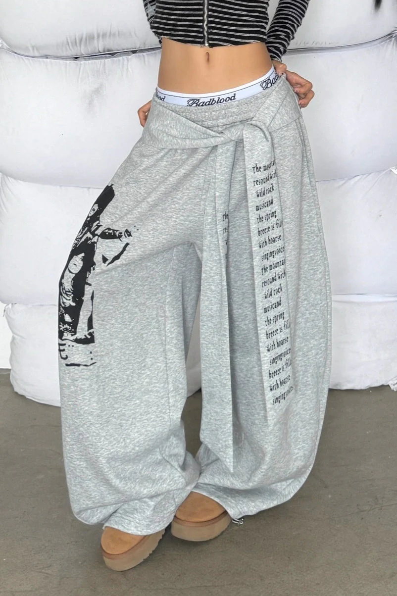 Street Style Graphic Letter Ribbon Curved Sweat Pants - Image 3