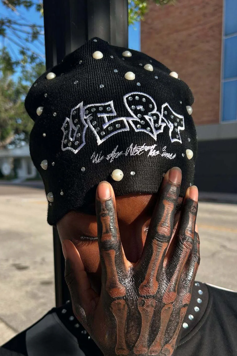 Street Style Pearl Rhinestone Letter Knitted Hat - Image 5