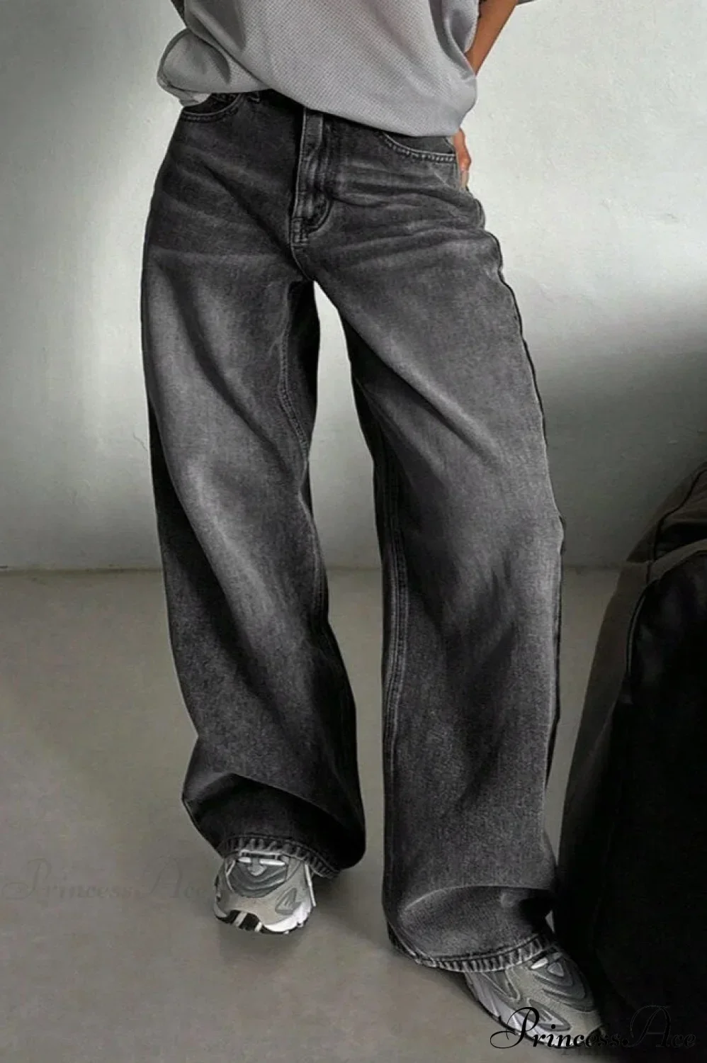 Street Vintage Smoky Gray Washed Wide Leg Jeans - Image 6