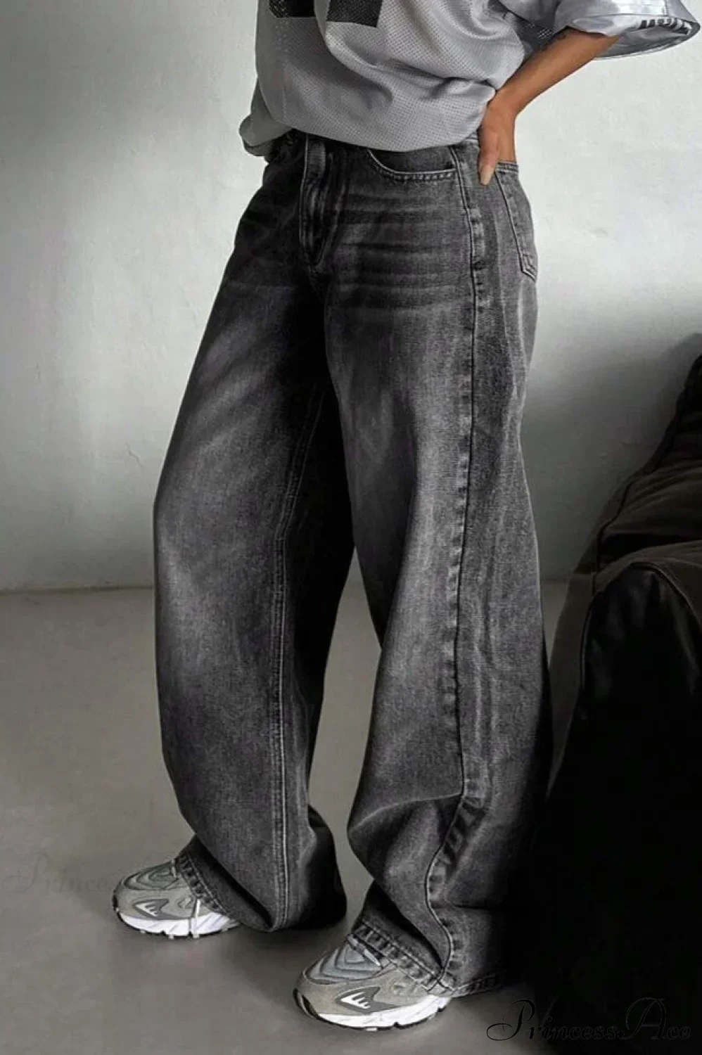 Street Vintage Smoky Gray Washed Wide Leg Jeans - Image 7