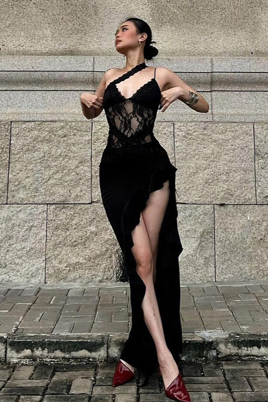 Streetwear Irregular Lace Patch Sheer Mini Dress - Image 3