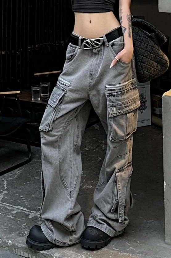 Streetwear Multi-pocket Cargo Washed Jeans - Image 2