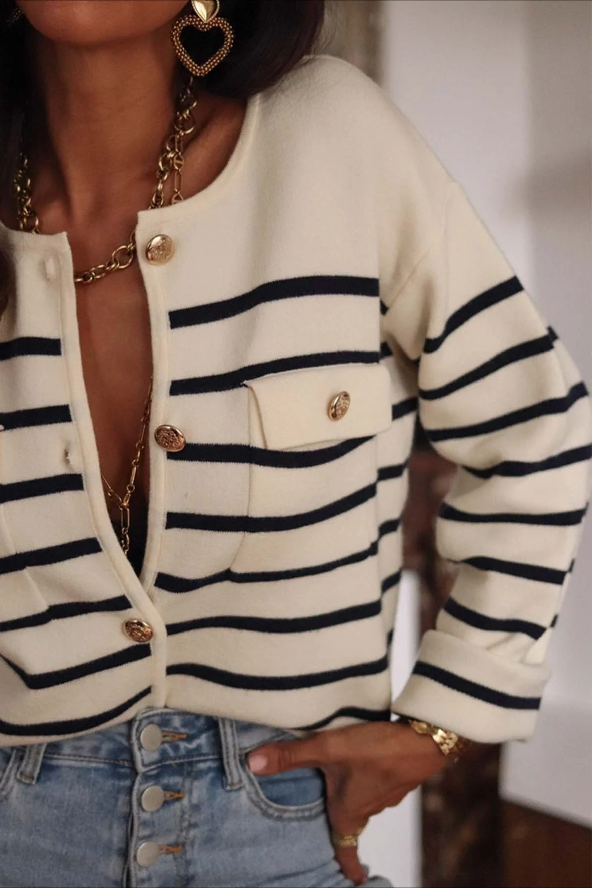 Stripe Button Long Sleeve Knit Blouse - Image 3