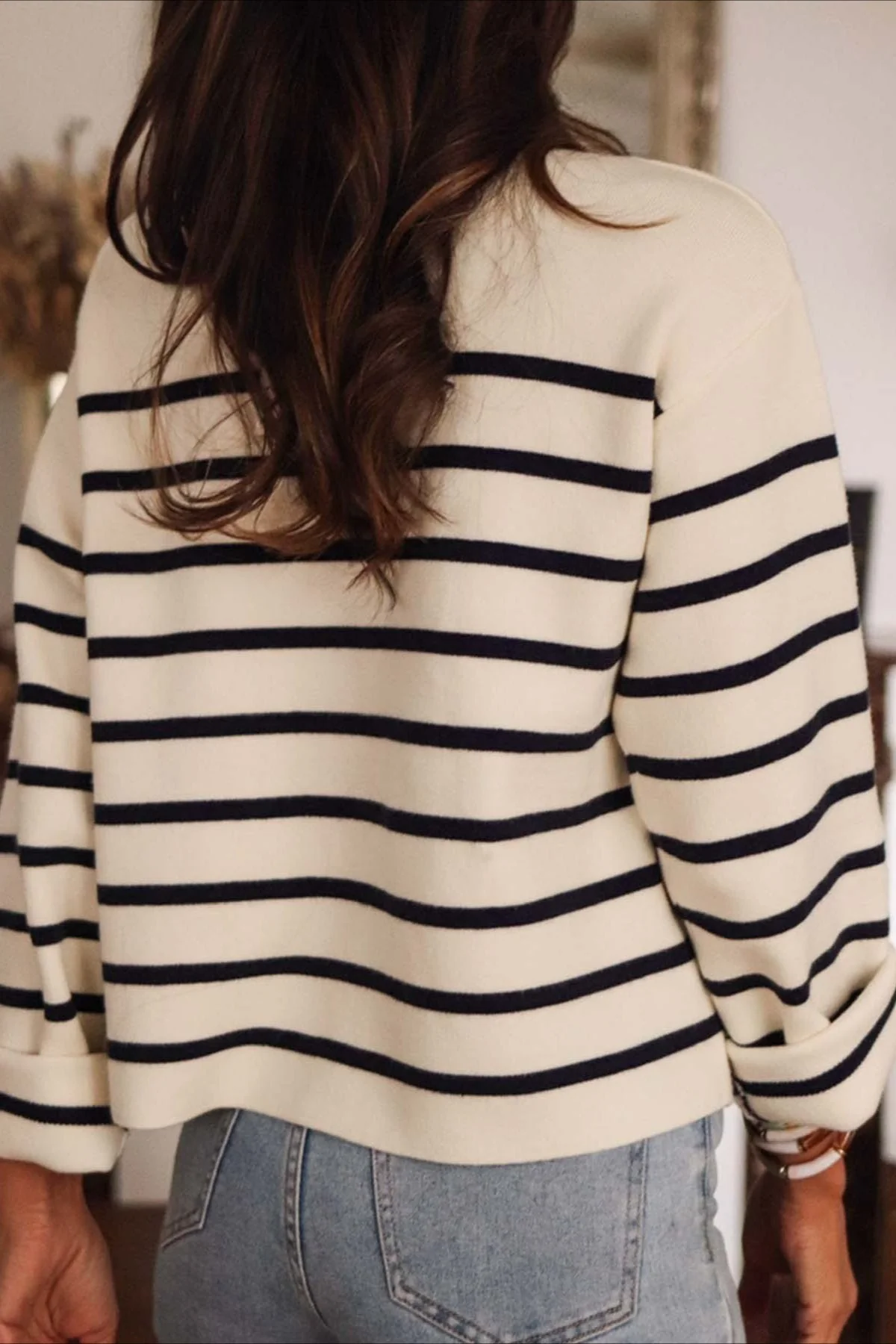 Stripe Button Long Sleeve Knit Blouse - Image 4