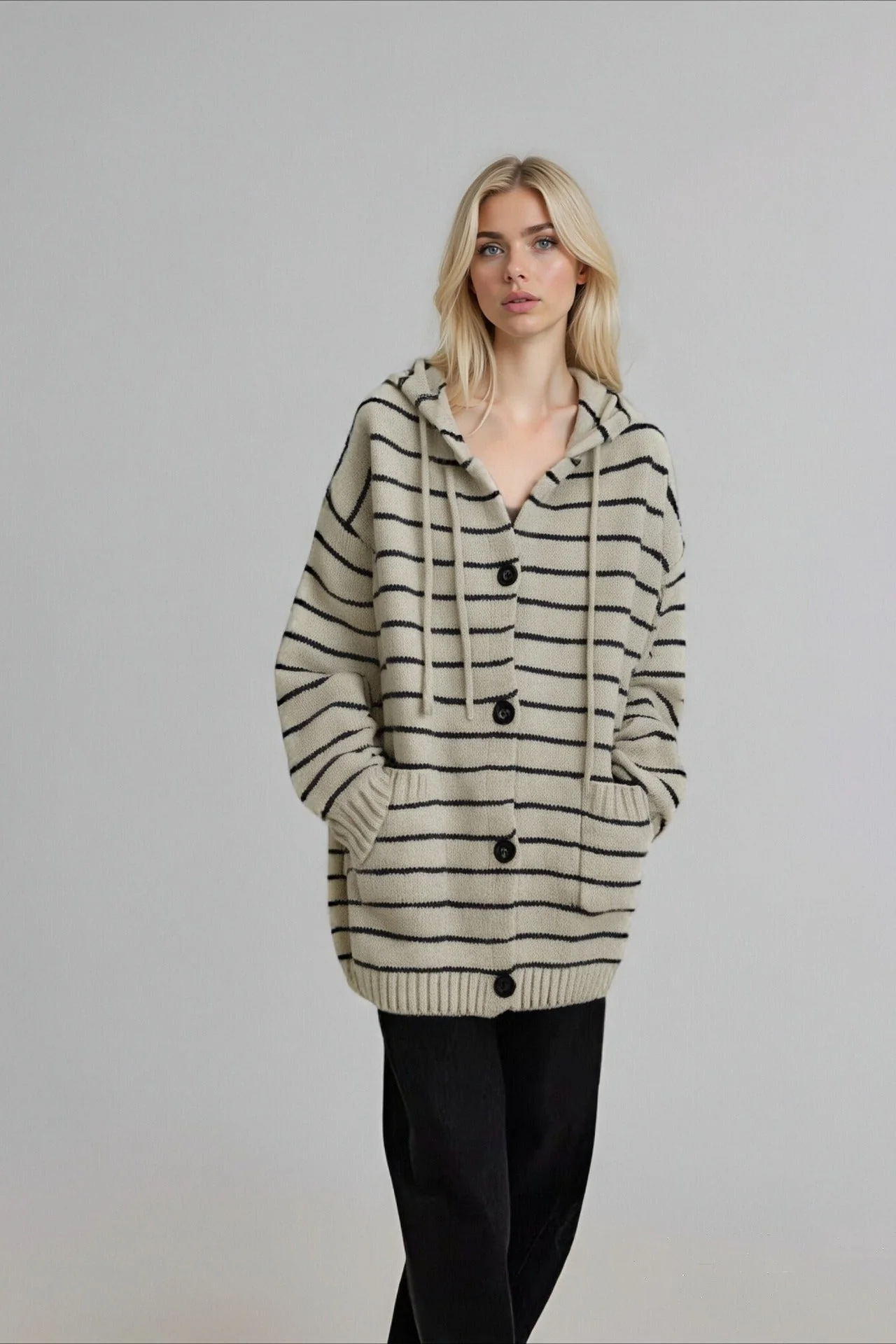 Stripe Hooded Retro Drawstring Pocket Plus Size Knit Cardigan - Image 2