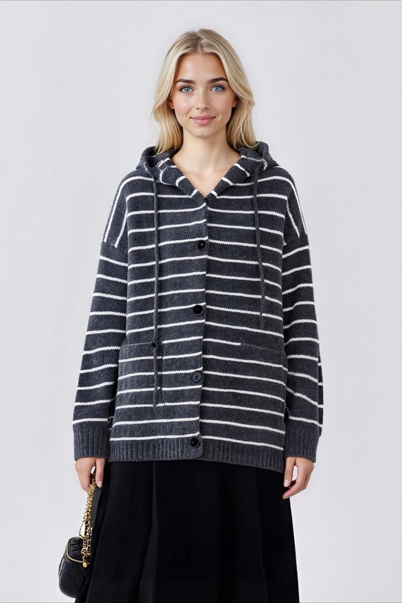 Stripe Hooded Retro Drawstring Pocket Plus Size Knit Cardigan - Image 4