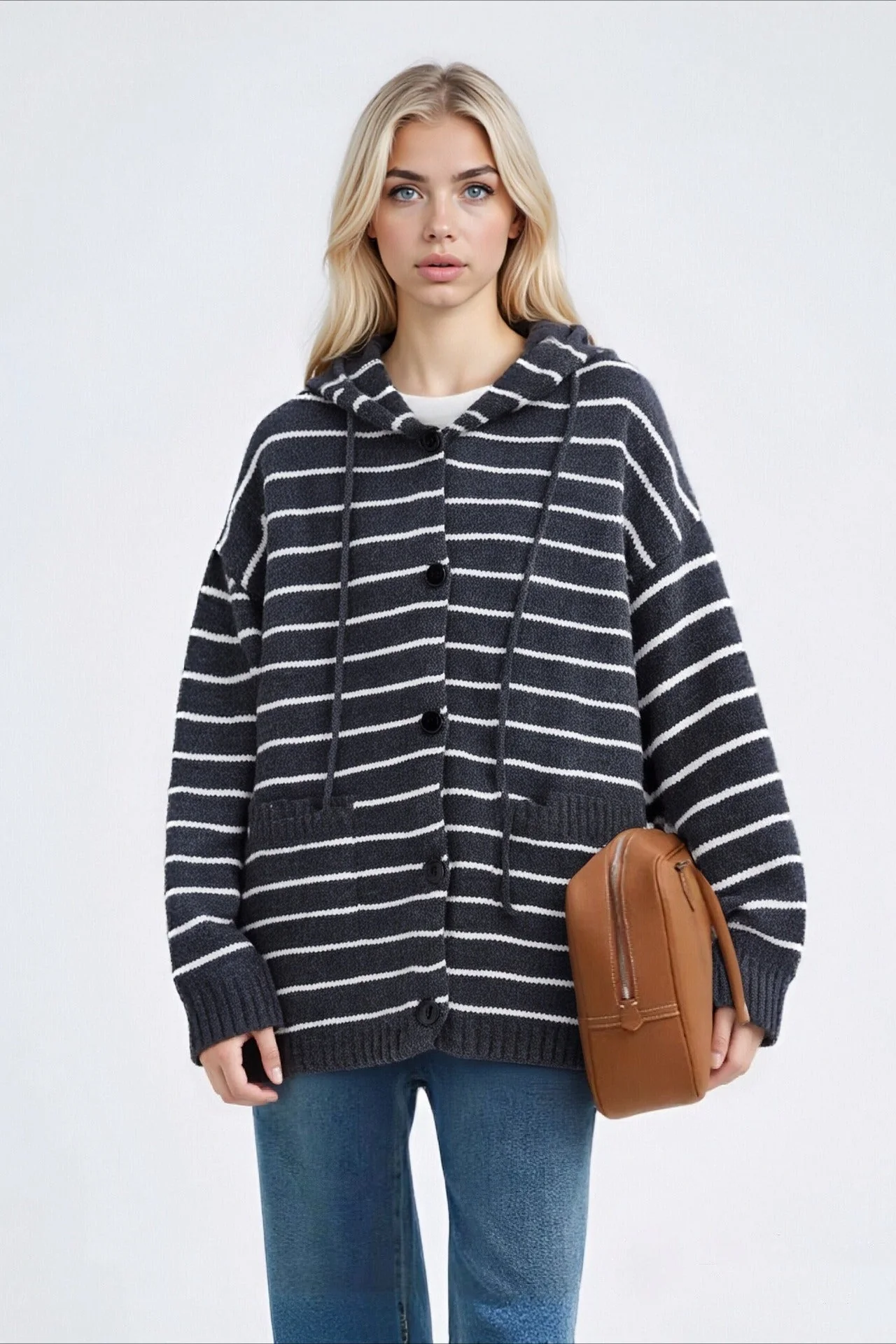 Stripe Hooded Retro Drawstring Pocket Plus Size Knit Cardigan - Image 5