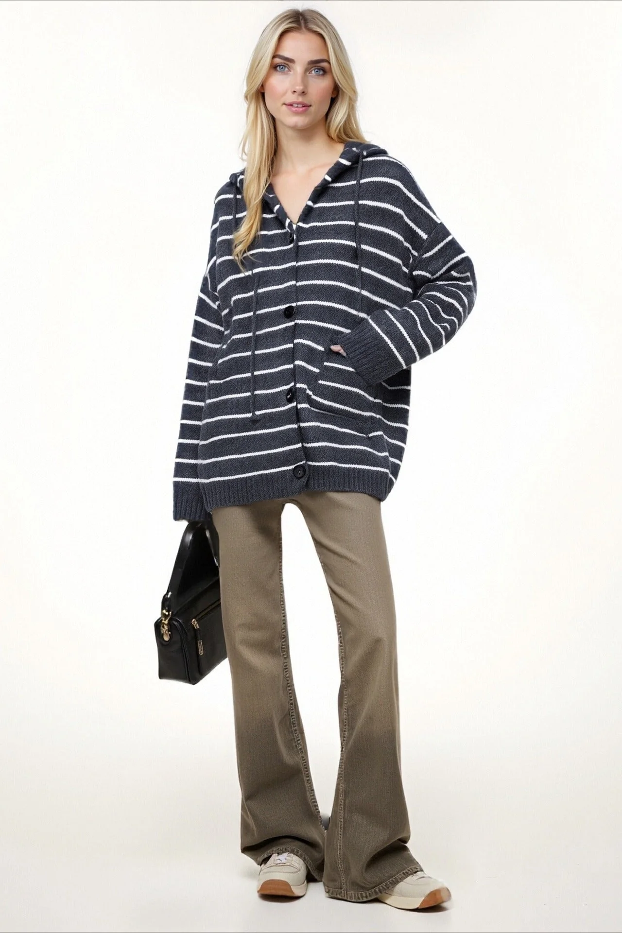 Stripe Hooded Retro Drawstring Pocket Plus Size Knit Cardigan - Image 6